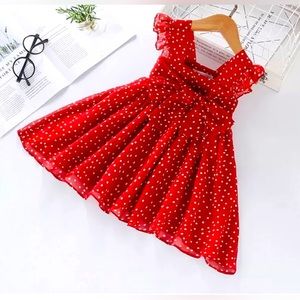 Red sleeveless chiffon polka dot belted princess girl toddler dress